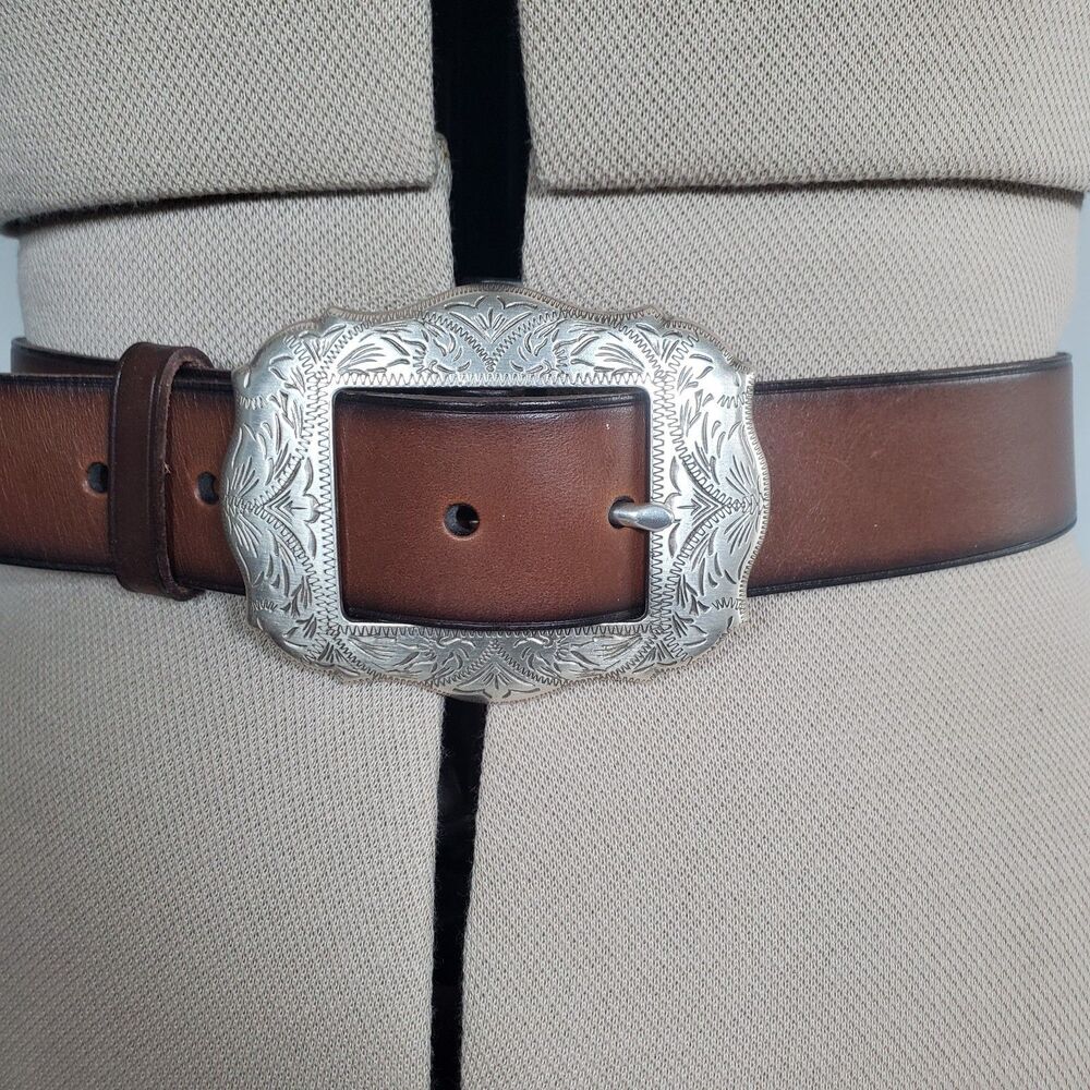 VTG Lauren Ralph Lauren Women’s Brown Leather Belt Large Western Floral Engraved - Picture 2 of 11